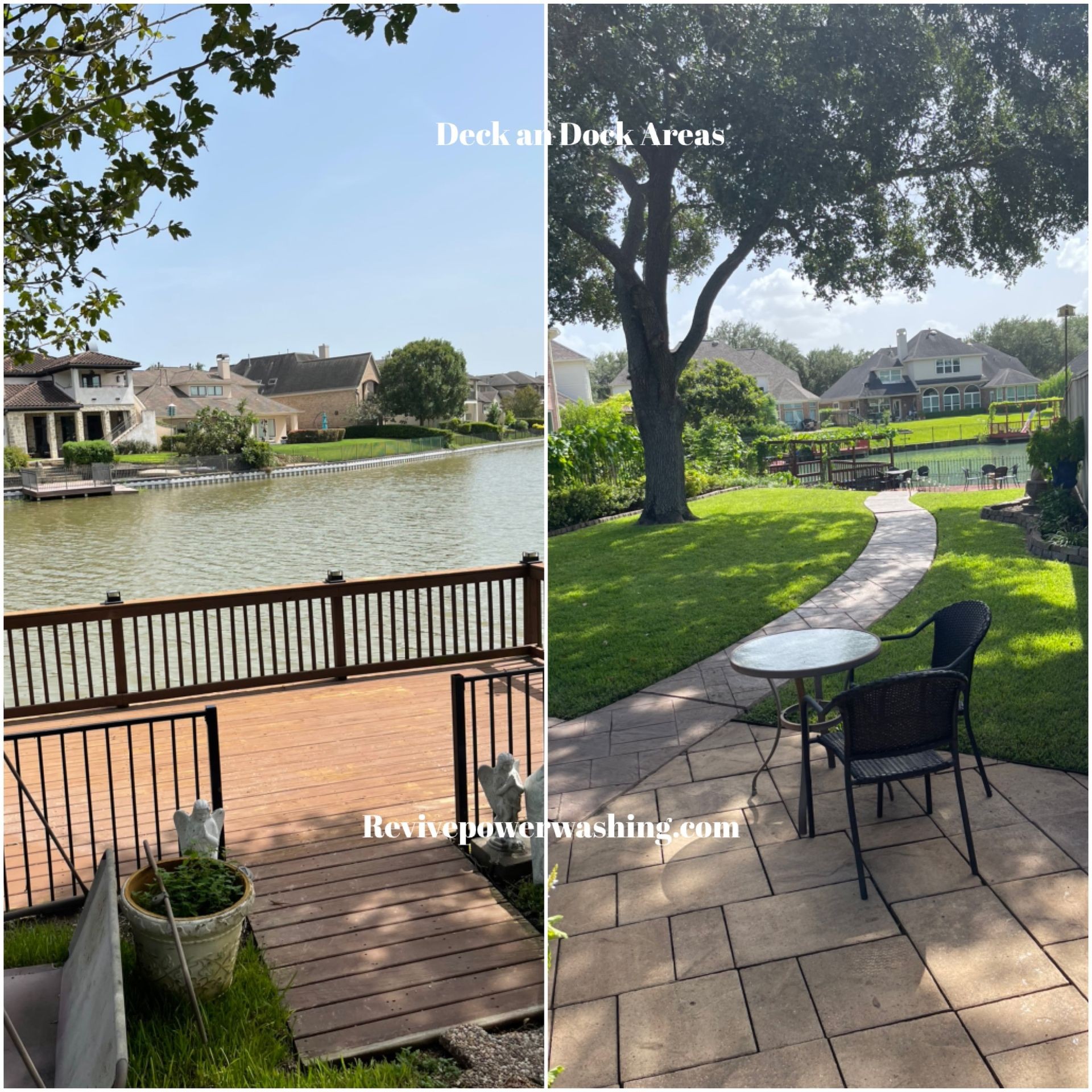 Combined image of a wooden dock by a lake and a garden patio with chairs under a tree.